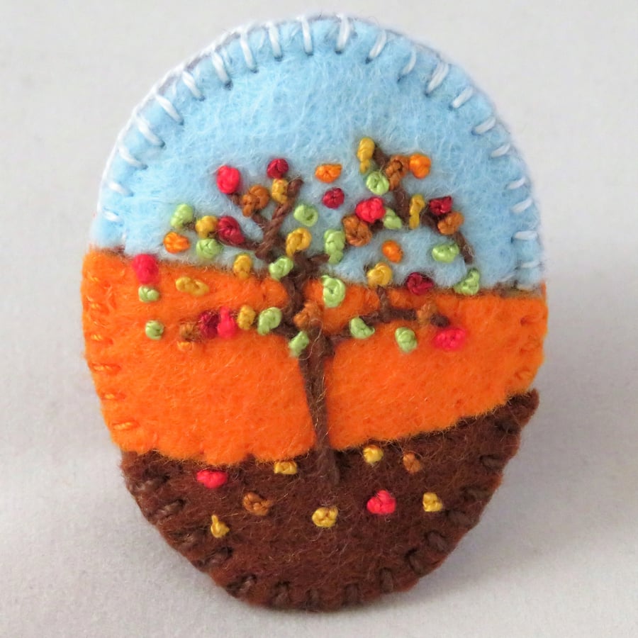 Autumn Tree - Embroidered oval felt brooch - Folksy