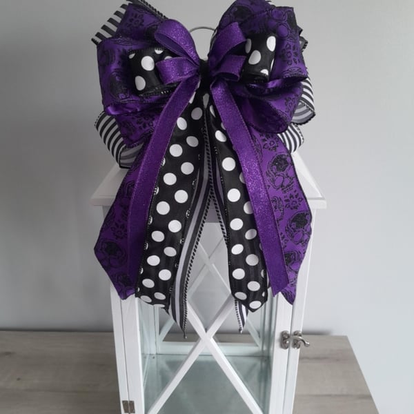 Halloween Skeleton Fabric Ribbon Bow - Large Decorative Bow 