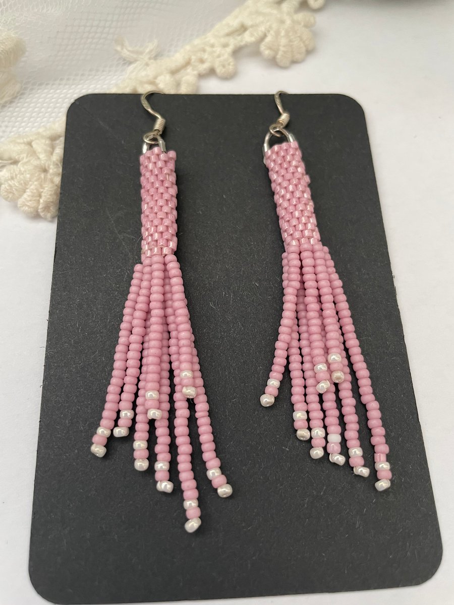 Pretty Pink dangle fringe boho hand beaded earrings, gift for her