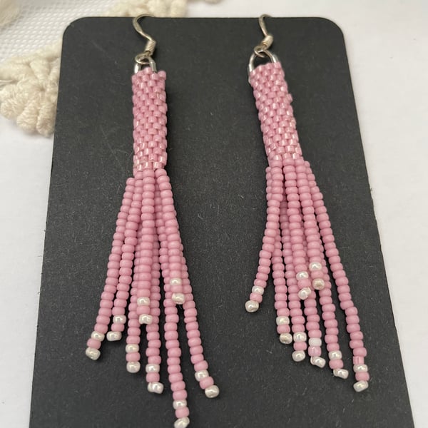Pretty Pink dangle fringe boho hand beaded earrings, gift for her