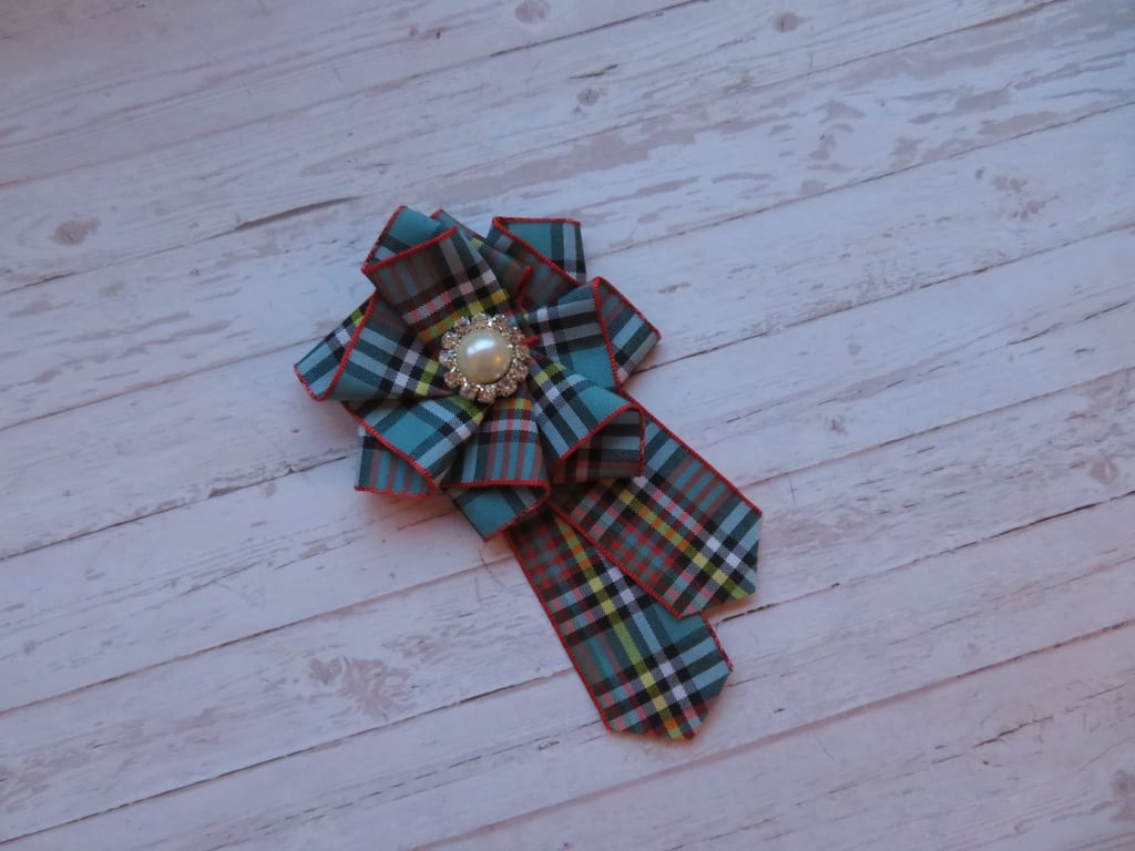 Anderson Tartan Plaid Ribbon Ruffle Rosette Brooch Corsage Pin