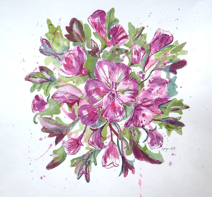 Hibiscus tea - FLORAL FLOWER COLLAGE LINO PRINT PINK