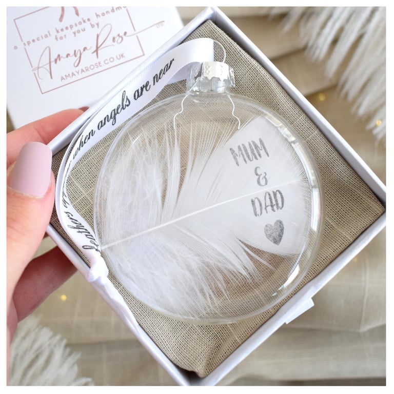 Mum and Dad Memorial Round Feather Bauble, In Memory of Parents, Round Glass Chr