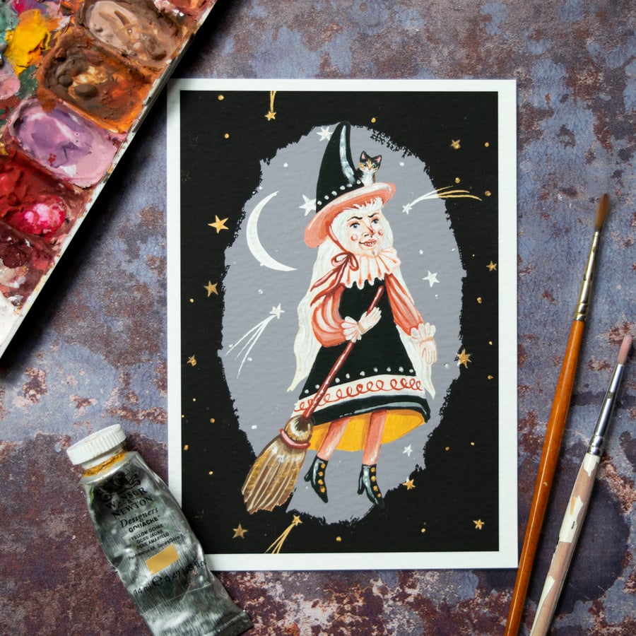 Illustrated mini print of a witch called Helen, hand tinted