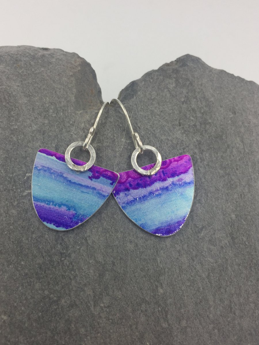 ‘Watercolour’ turquoise and purple earrings with hammered silver ring.