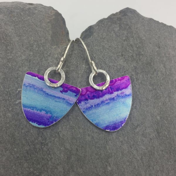 ‘Watercolour’ turquoise and purple earrings with hammered silver ring.