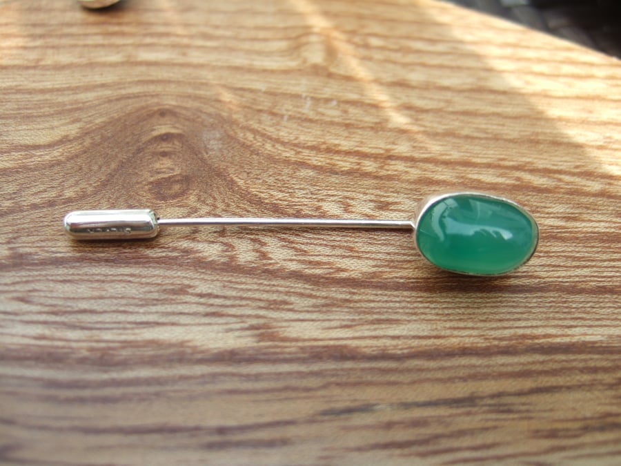 Green Agate and Sterling Silver Pin