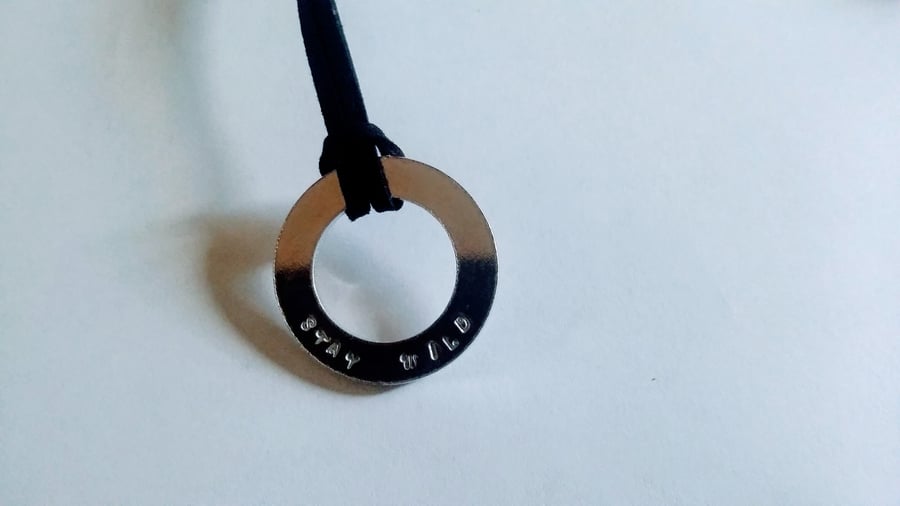 Stay Wild hand stamped washer necklace on black cord