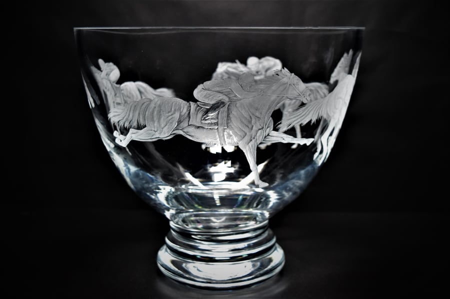 Hand Engraved Flair & Fleur Bowl - Horse Racing (Large)