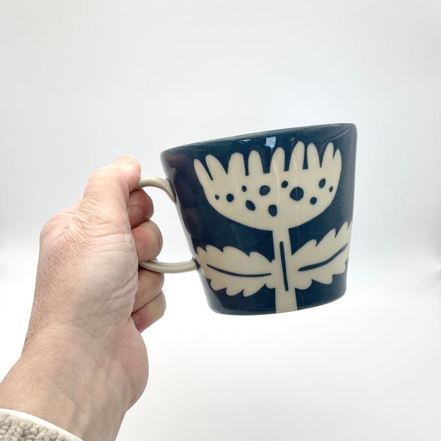 Handmade Mug for Tea Coffee Dark Blue Flower - Mothers Day Birthday Pottery Gift