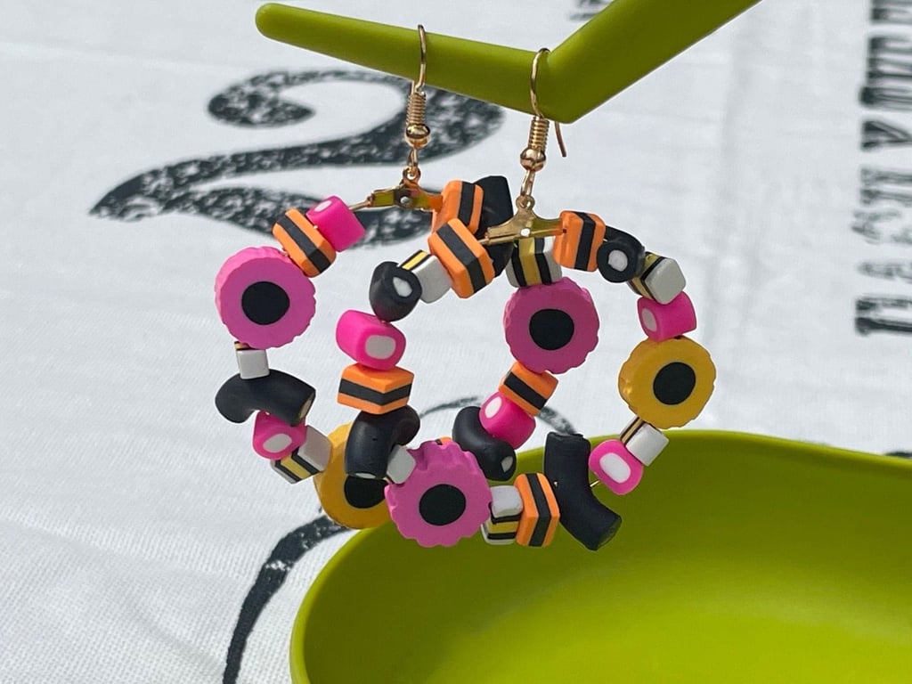 LICORICE ALLSORTS EARRINGS candy polymer gold plated 40 mm hoops