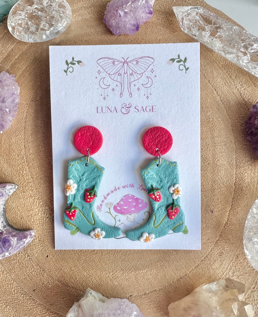 Handmade Strawberry Cowboy Boot Polymer Clay Earrings