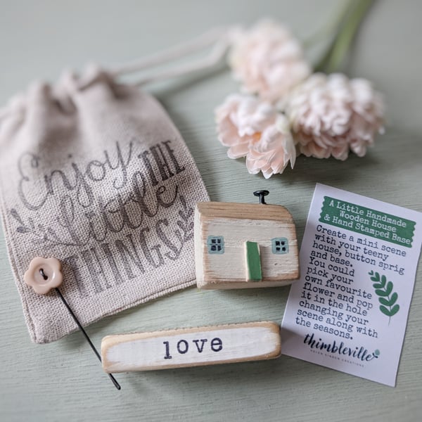 Little Wooden Handmade House and Base in a Bag - love 