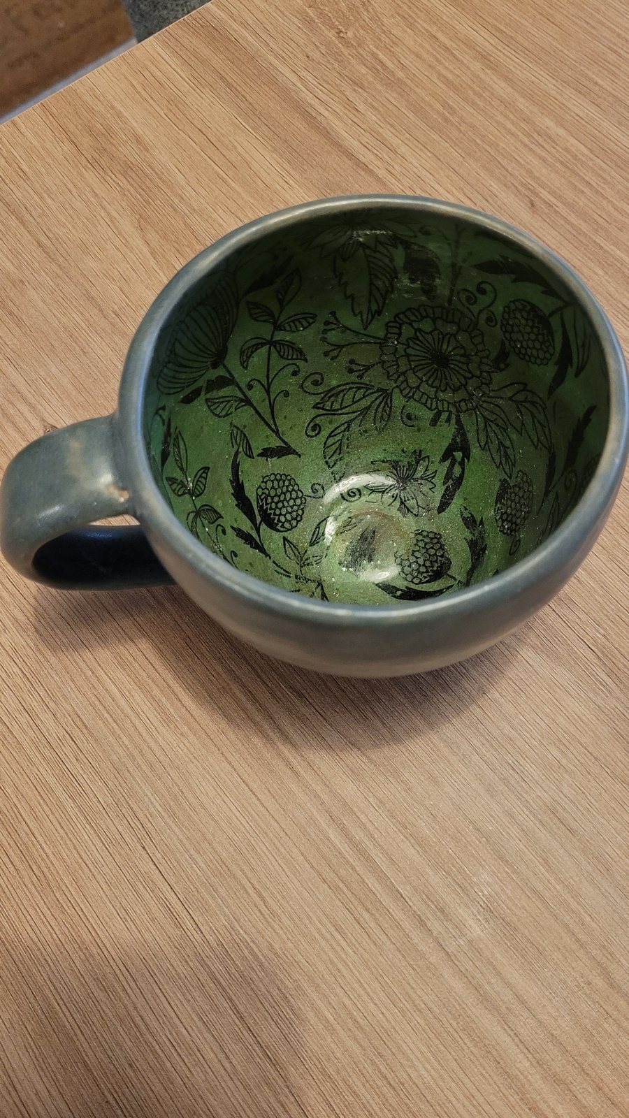 Grey-Blue Mug with Green  Botanical internal pattern handmade pottery