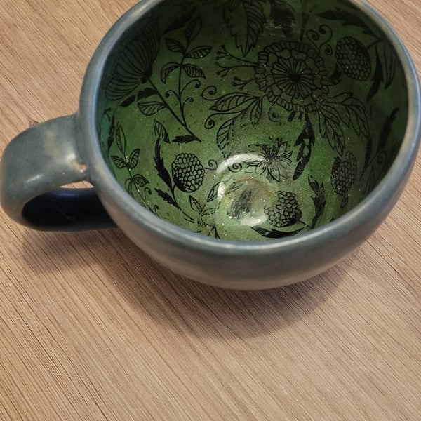 Grey-Blue Mug with Green  Botanical internal pattern handmade pottery