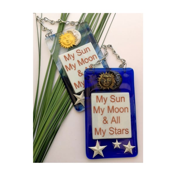 Handmade Fused Glass My Sun Moon & Stars Hanging Picture Decoartion - Suncatcher