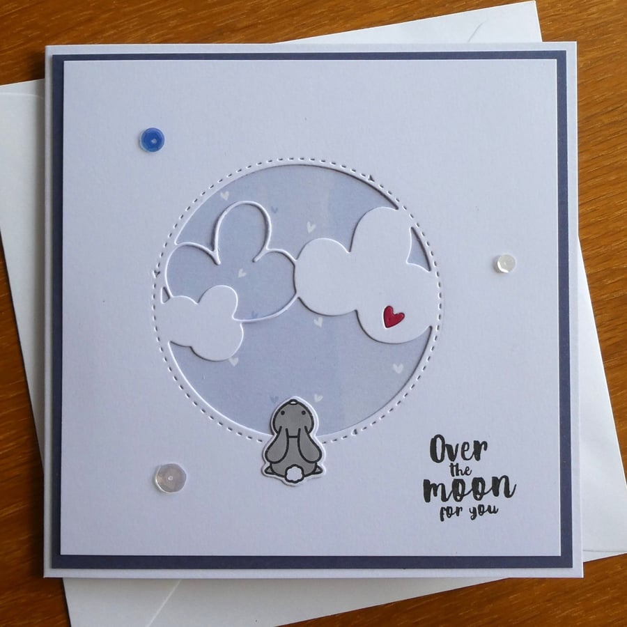 New Baby Card - Over the Moon for you - Rabbit With Clouds - Blue