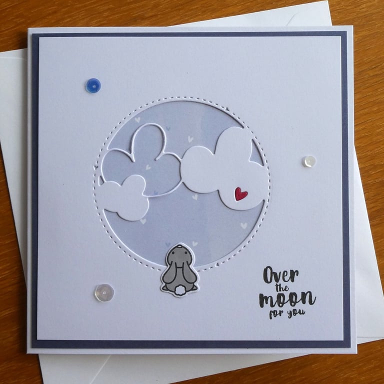 New Baby Card - Over the Moon for you - Rabbit With Clouds - Blue