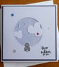 New Baby Card - Over the Moon for you - Rabbit With Clouds - Blue