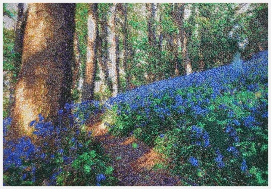 Embroidered Art-Sea of Bluebells.  A beautiful, mounted, unframed, work of art