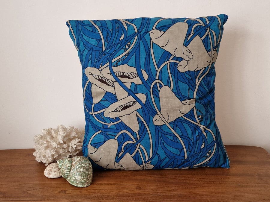 Handmade blue & grey Water Lily pattern cushion cover vintage 1960s 1970s fabric