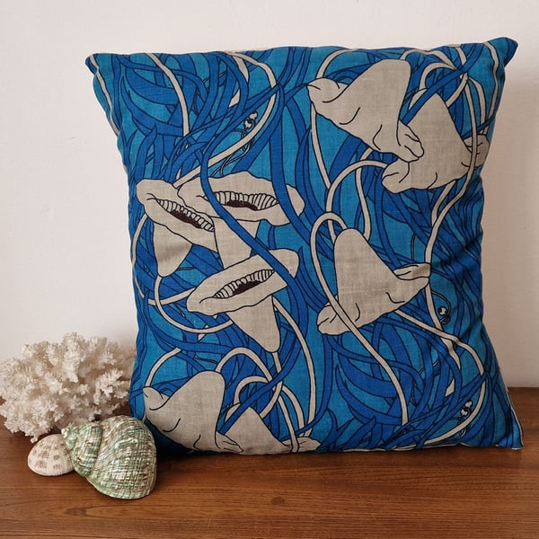 Handmade blue & grey Water Lily pattern cushion cover vintage 1960s1970s fabric