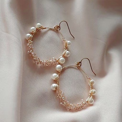 Pink White Beaded Oval Earrings Wire Wrapped Boho Drop Dangle Handmade For Her