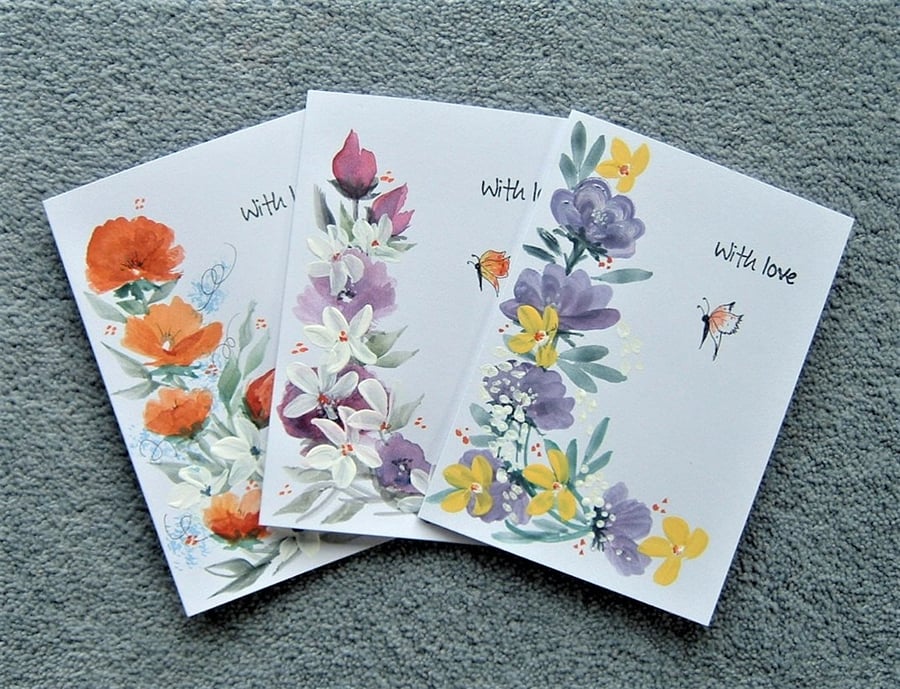 SET of THREE hand painted floral greetings cards ( ref f  758)