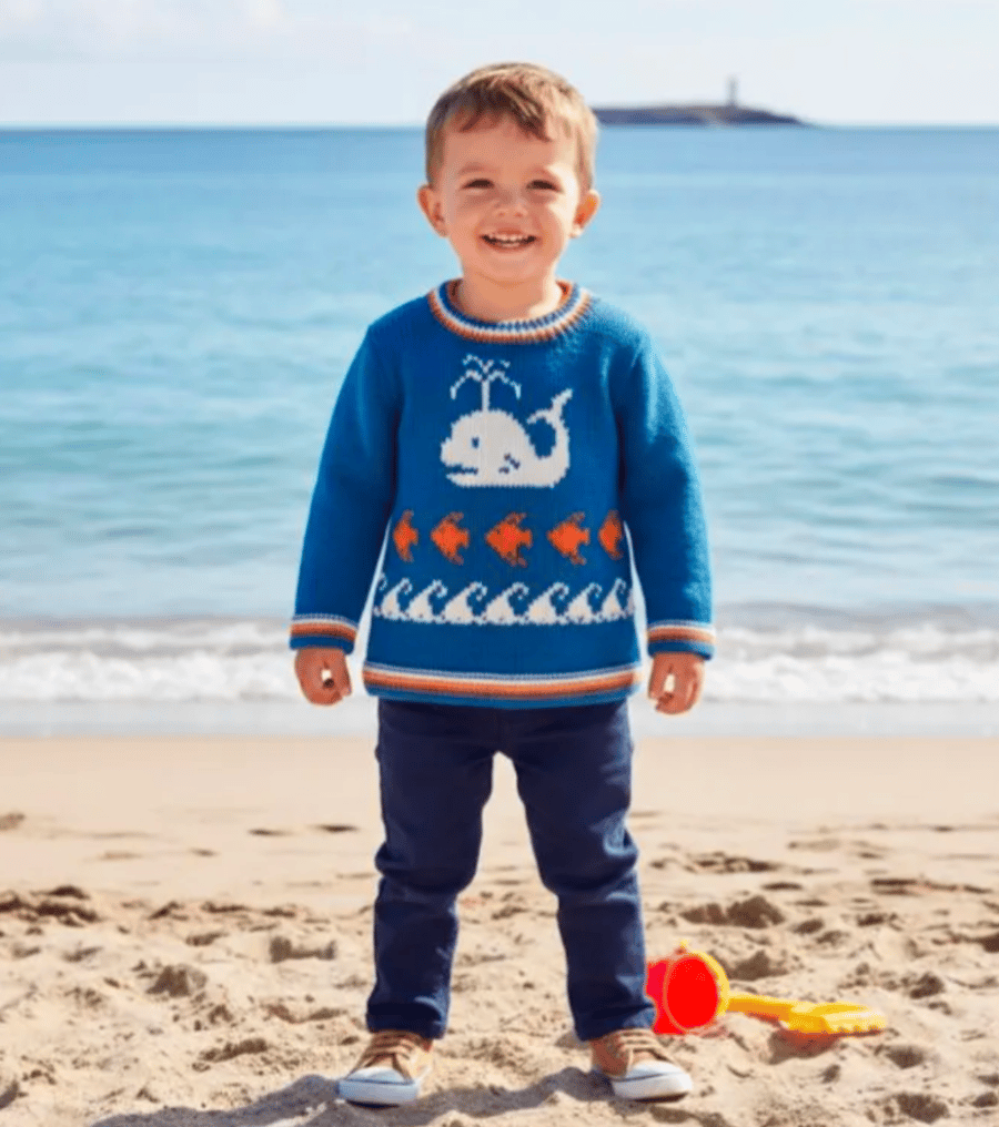 Knitting Pattern for Sweater with Whale, Fish and Waves.  Digital Pattern