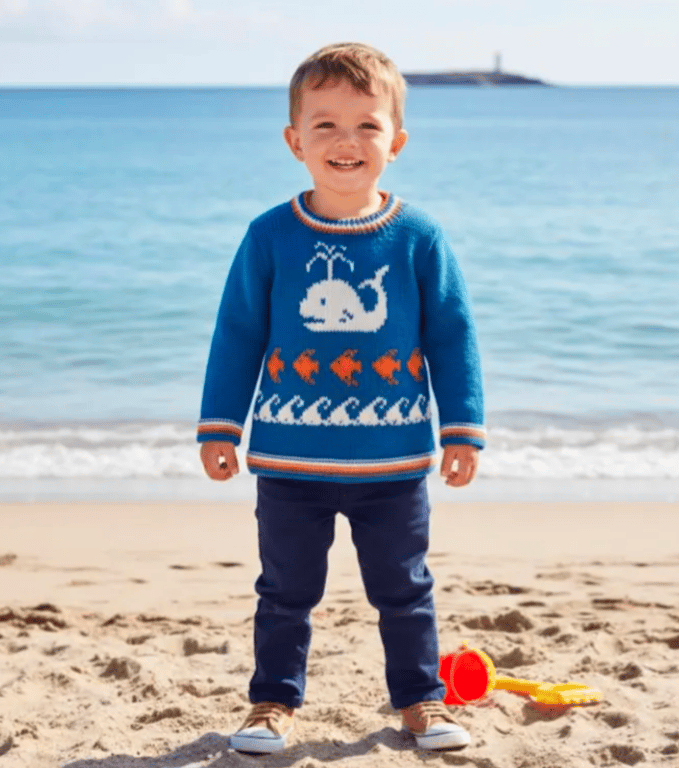 Knitting Pattern for Sweater with Whale, Fish and Waves.  Digital Pattern