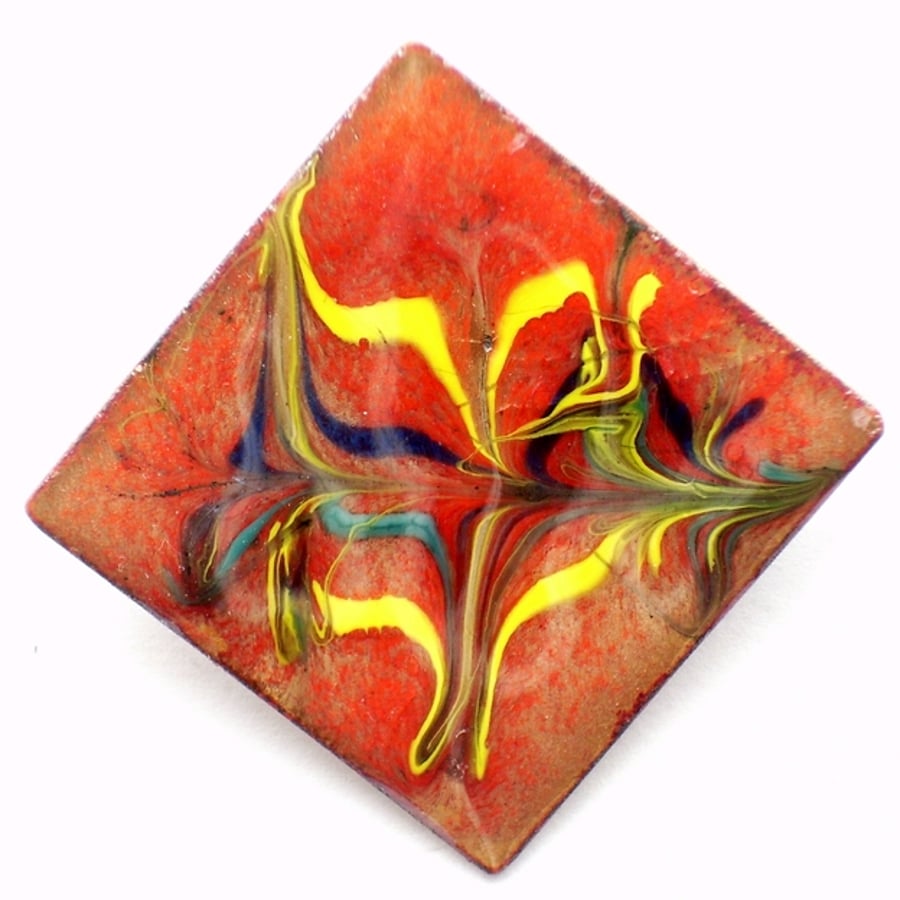 brooch -  square scrolled dark blue, turquoise, yellow on red over clear enamel