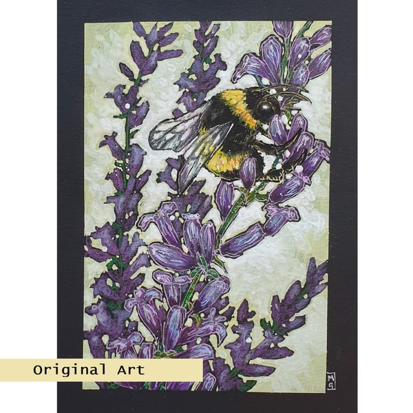Bee on Lavender original artwork, wall art, drawing
