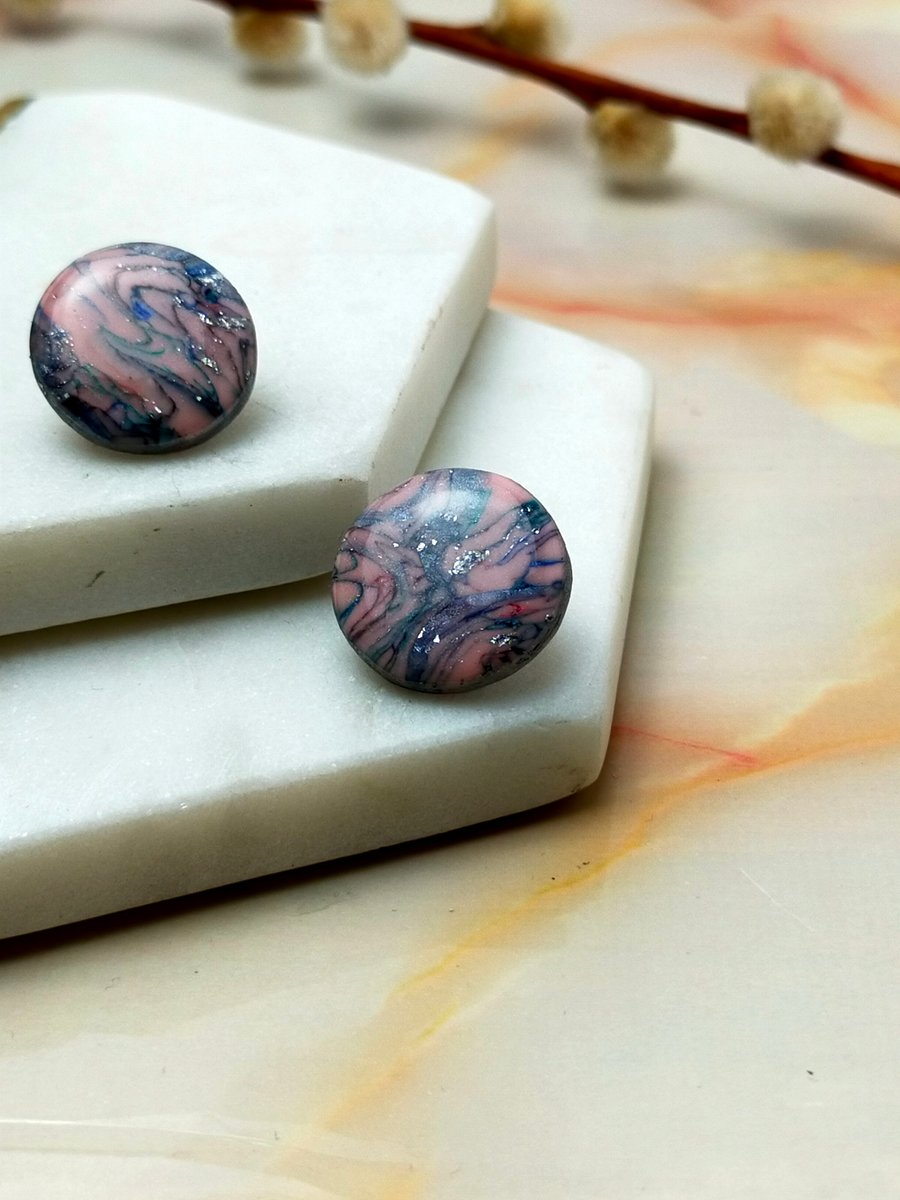 Lightweight Handmade Stud Earrings Pink Marble Effect