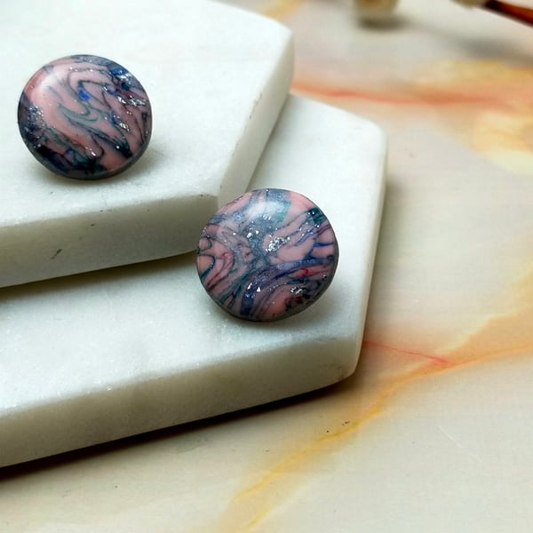 Lightweight Handmade Stud Earrings Pink Marble Effect