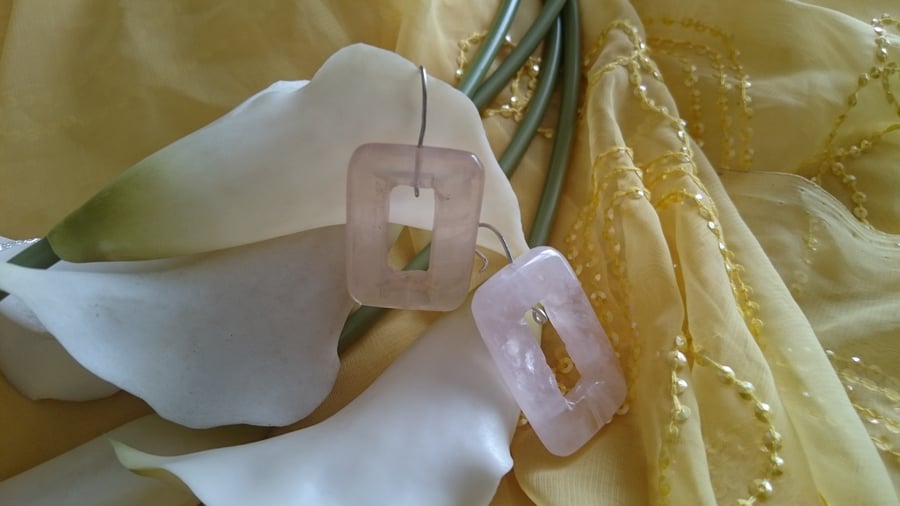 Sterling silver and rose quartz rectangle earrings 