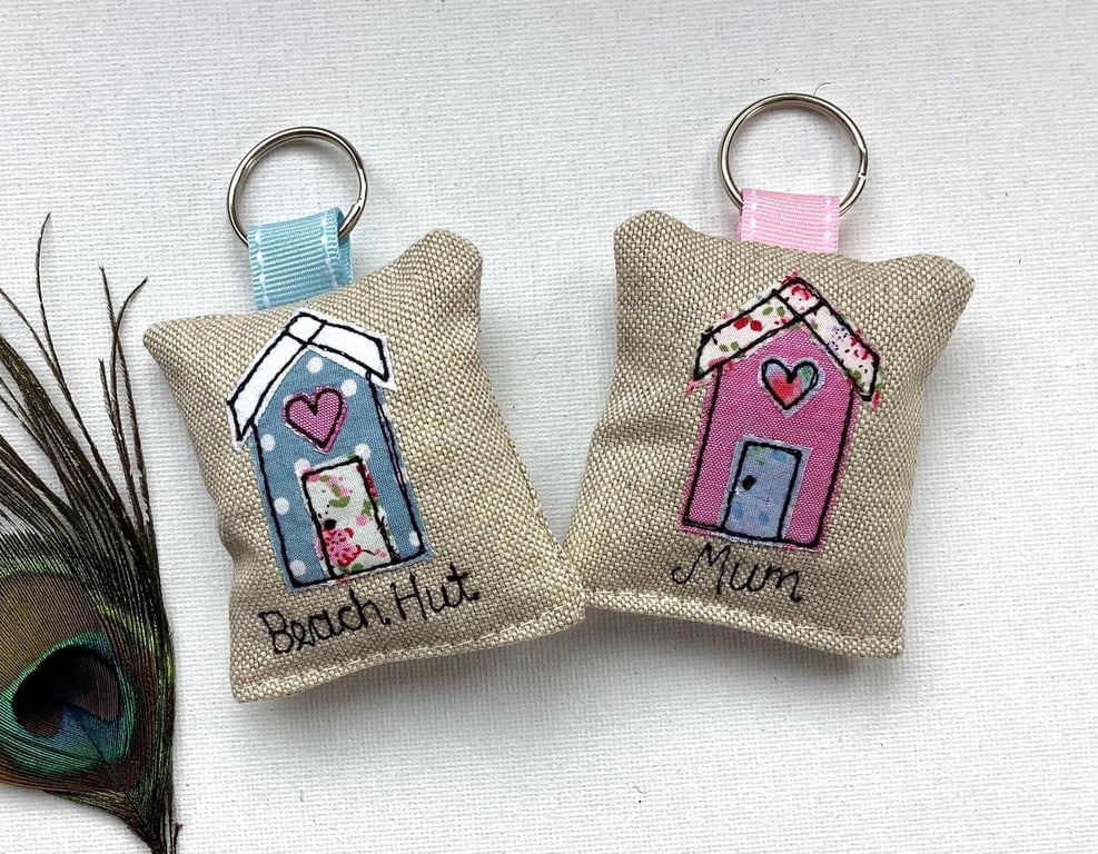 Beach Hut Personalised Keyring with optional Lavender Scent Choice of colour
