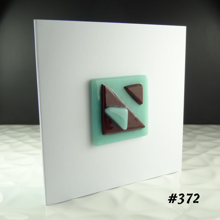 Green and burgundy textured stacked handcrafted fused glass blank card (372)