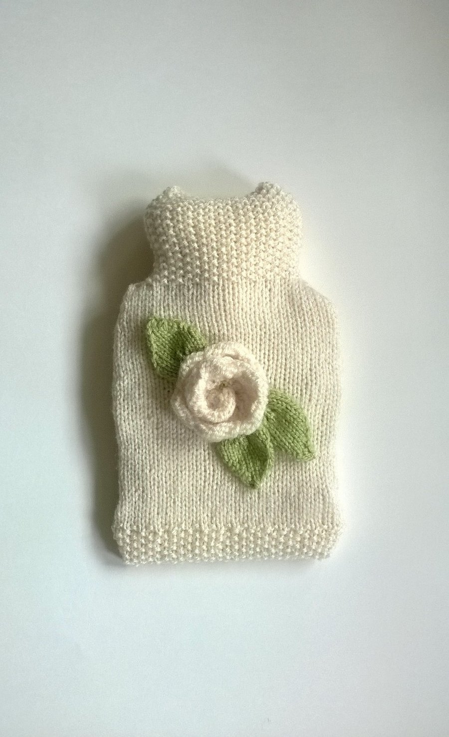 Cream rose hand knitted Hot water Bottle Cover