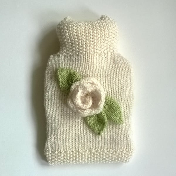 Cream rose hand knitted Hot water Bottle Cover