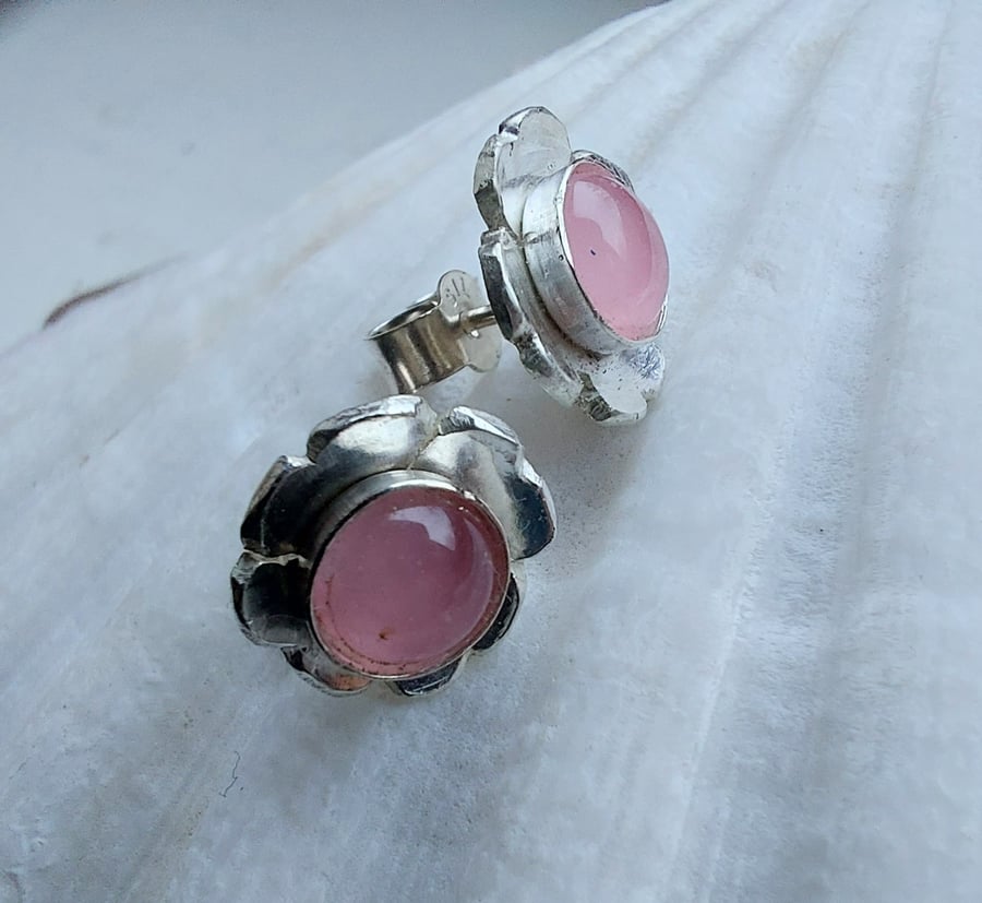 Sterling silver stud earrings with rose quartz gemstone and flower petals