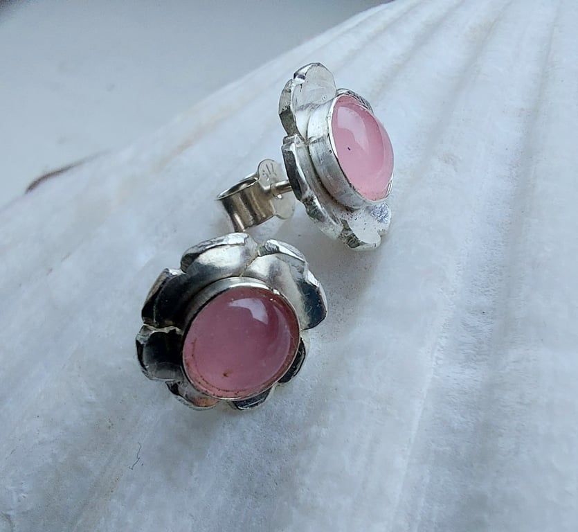 Sterling silver stud earrings with rose quartz gemstone and flower petals