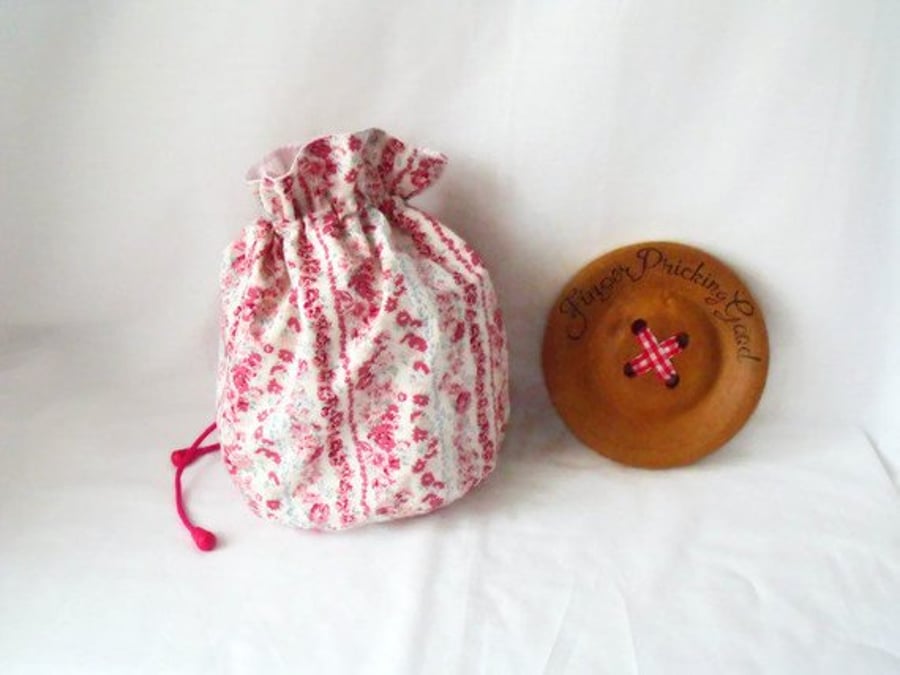pink floral drawstring make up pouch or small project bag 