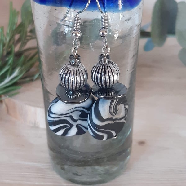 Black and Winter White Disc Shaped Earrings  