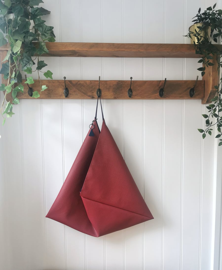 Dark Red Vegan Leather Origami Bag with Faux Suede Straps and Charm