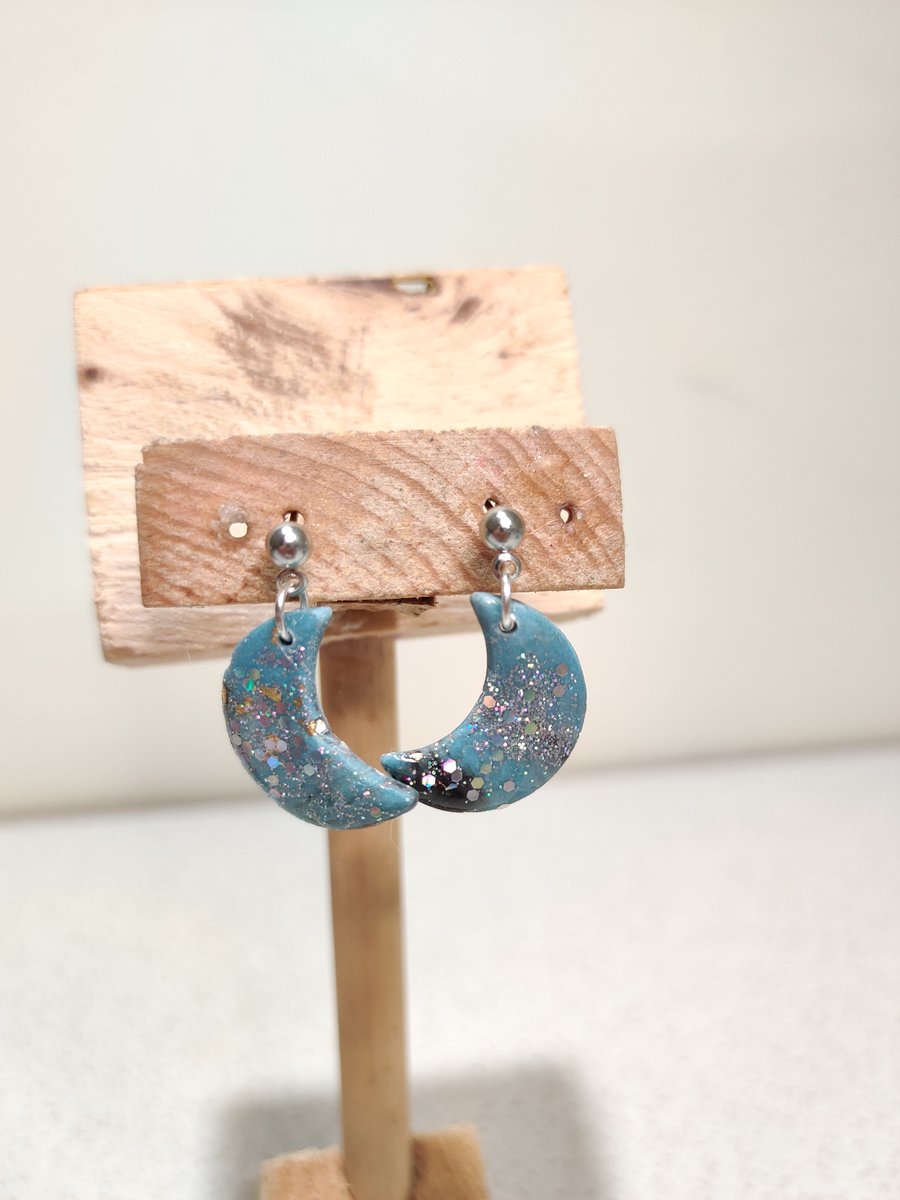 Barbie inspired blue glitter moon dangles