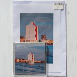 Photo card & coaster of Burnham-on-Sea Low Lighthouse, with the town behind it. 