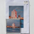Photo card & coaster of Burnham-on-Sea Low Lighthouse, with the town behind it. 