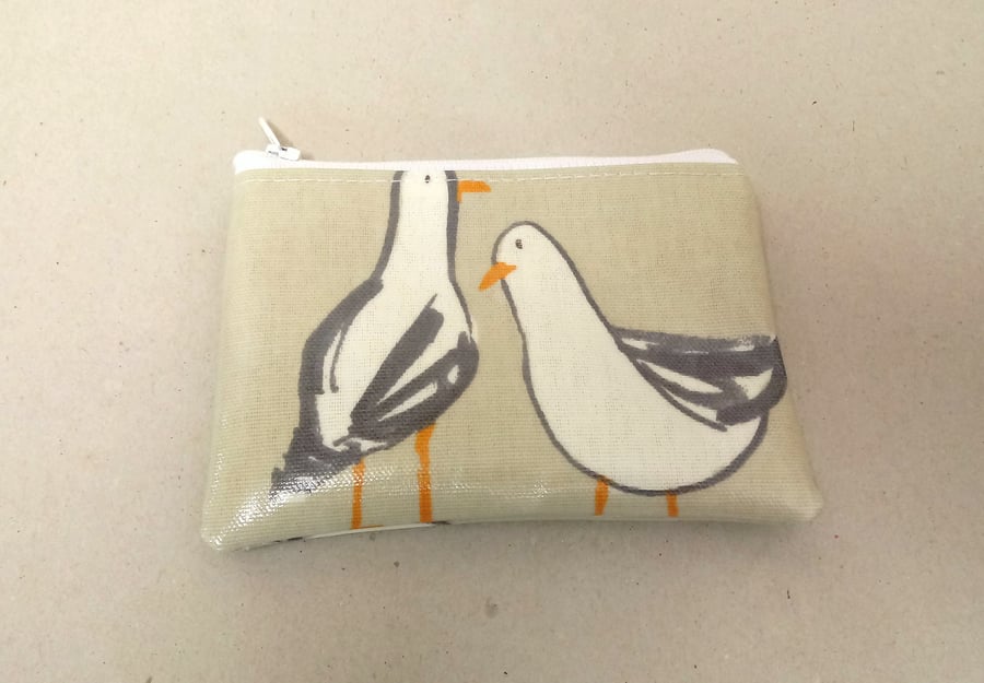 Coin purse in beige oilcloth with seagulls pattern, handmade