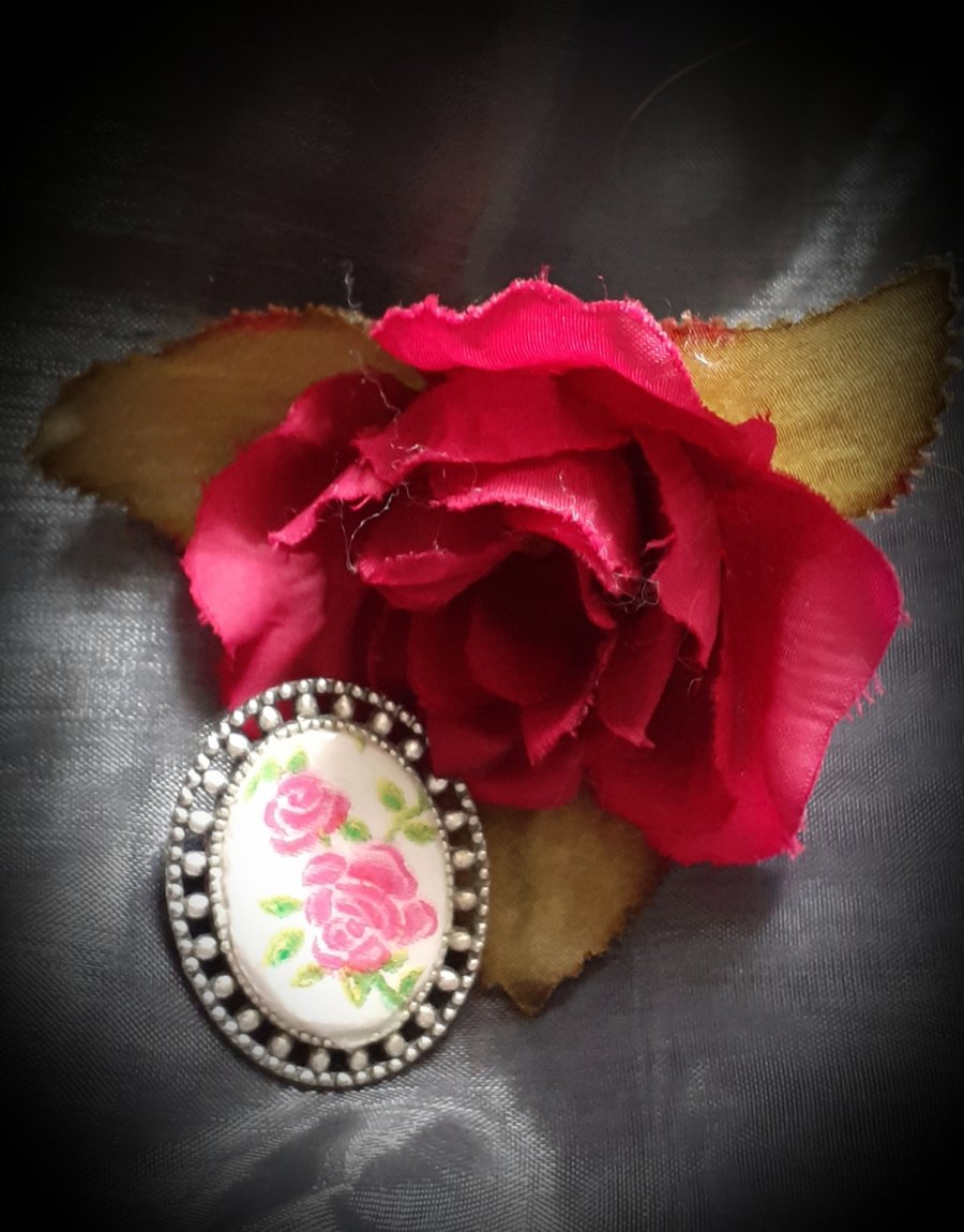 Decoupaged Vintage Rose Brooch