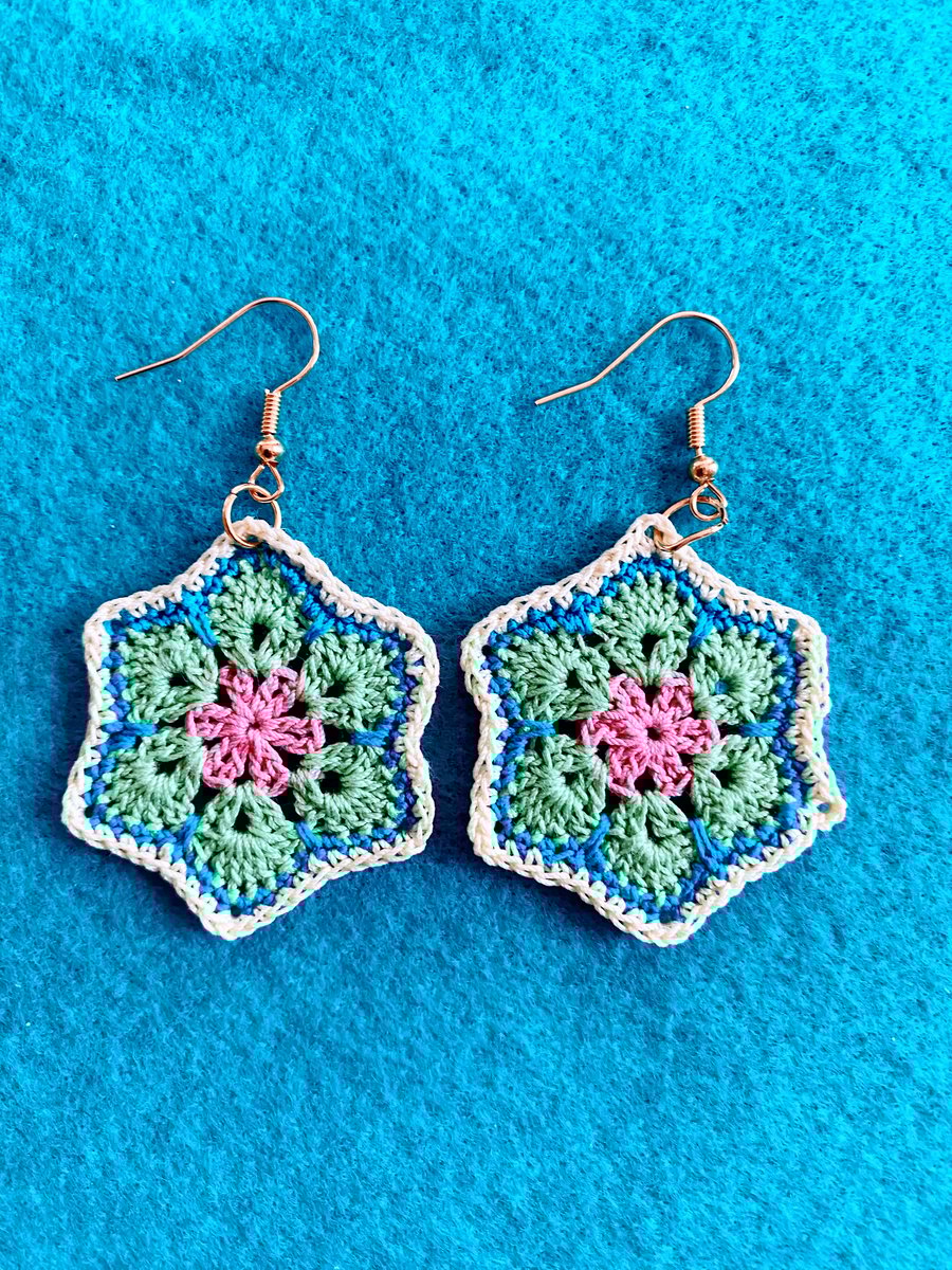 Homemade Crocheted African Style Flower Earrings 
